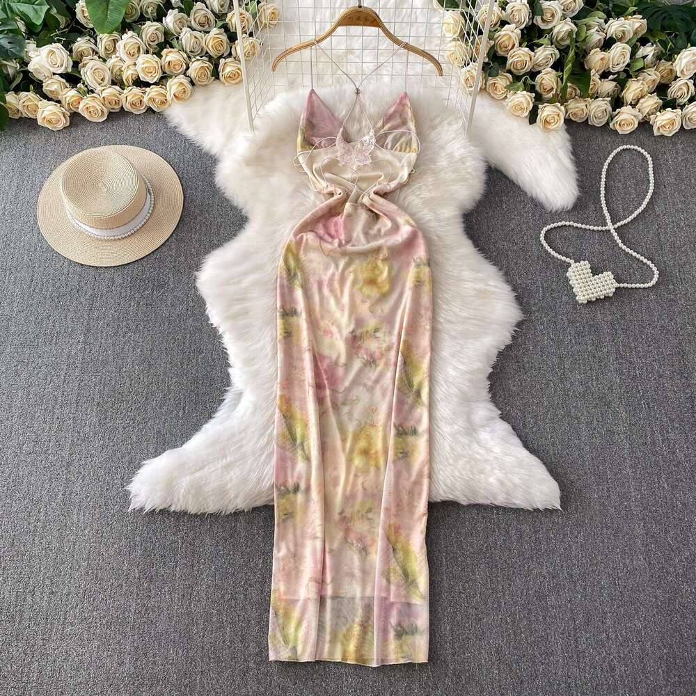 Women's sexy backless V-neck backless suspender 2026 summer mesh printed waist slimming long skirt