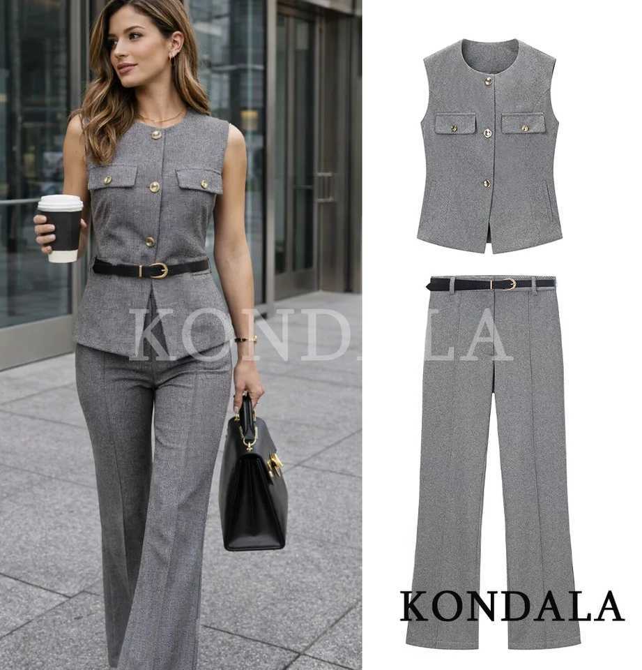 KONDALA Elegant Commute Belt Pants Set Women Urban Office Sleeveless VestBelted Pants 2 Pieces Set 2026 Spring Trendy Pants Set M260313