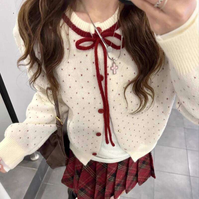 Korean Sweet Polka Dot Knitted Sweater Cardigan Women Design Fashion O Neck Y2k Jacket Tops Chic Preppy Style Retro Outfits New Z260313