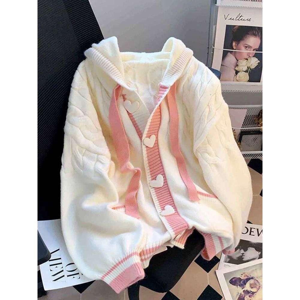Cute Sweet Cardigan Sweaters Women Lazy Wind White Knitted Coats Long Sleeve Loose Female Japan Kawaii Elegant Hooded Tops Z260313