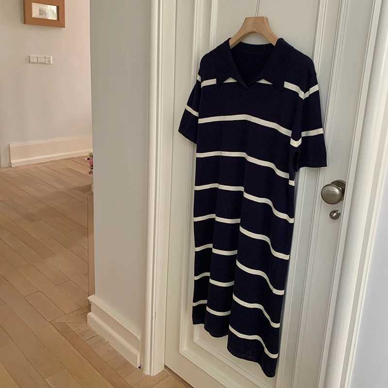 Spring Summer Women Dresses Polo Shirts Women Cotton Clothing Short Sleeve Striped Casual Long Dress for WomenT260314