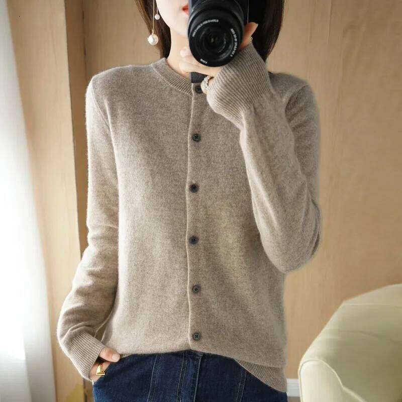 Wool-blend New Round Neck Knit Cardigan Women's Loose Short Sweater Casual Jacket Top Z260314