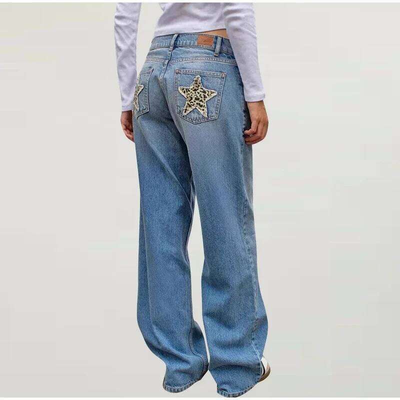 European and American Leopard Print Star Patch Street Women's High Waist Jeans Fashion Clothing Vintage Straight Trousers Z260313