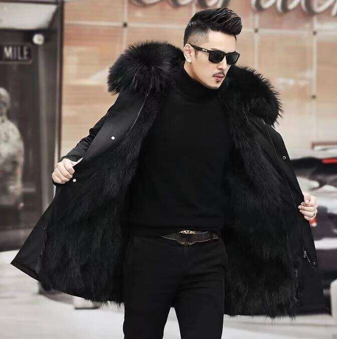 Fashion Men's Mid-Length Parka Faux Detachable Fur Inteated Long sleeve Hooded Casual Outerwear Winter Warm Coat Z260313