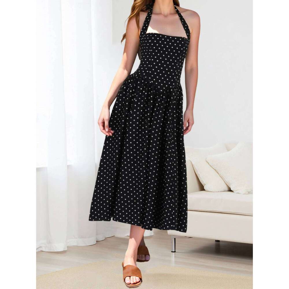 Women Halter Neck Dress Sleeveless Solid Color/Dot Print Summer Elegant A Line Dresses Z260314