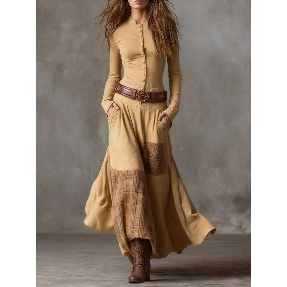 Women's Temperament Commuting Slim Dress Spring Autumn Suede Plaid Stitching Retro Pocket Button Belt Long-sleeved Dresses Z260313