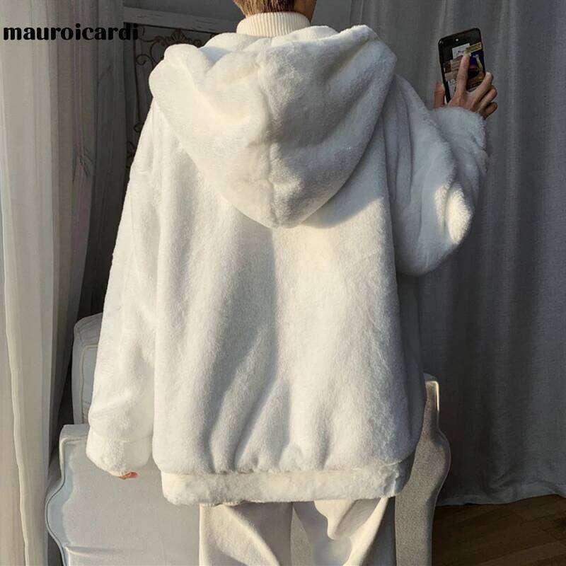 Mauroicardi Winter Oversized White Faux Fur Coat with Hood Long Sleeve Zipper Casual Loose Fluffy Jacket for Men Style 2021 Z260313