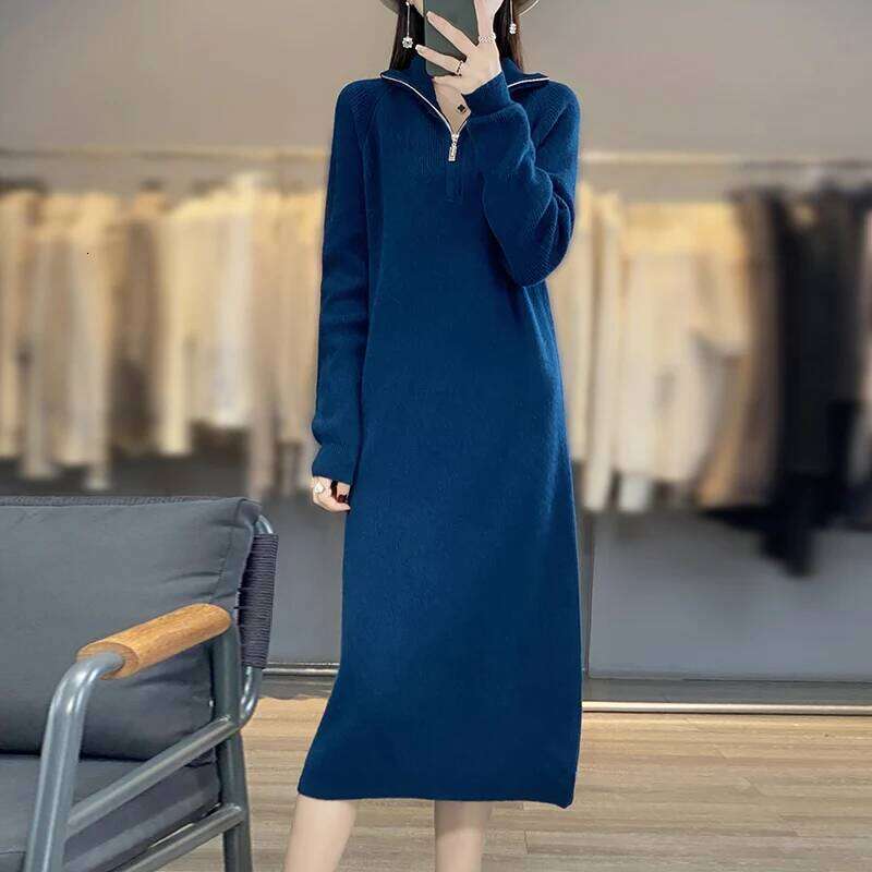 Thick Zipper Mock Neck Chic Elegant Soft Warm Striped Basic Comfort Women's One-piece Dress 100% Merino Wool Exquisite Sweater Z260313