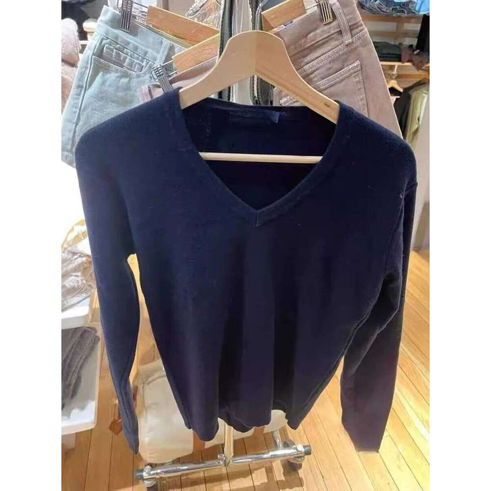 Solid V Neck Vintage Knitted Sweater Women Autumn Winter Cotton Long Sleeve Pullover Jumper Navy Simple Slim Streetwear Tops Y2k Z260313