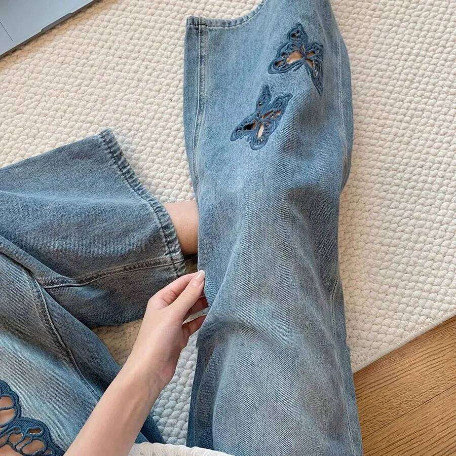 Y2K Blue Jeans Women Retro Hollowed Butterfly Straight Pants Nine Tenths Wide Leg Autumn Design Sense Z260313