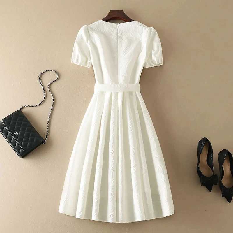 Beige Elegant Office Lady O-Neck A-Line Bow Lace Up Short Sleeve Womens Dress Mid-Calf Dresses For Women Clothing 2026 FashionT260314