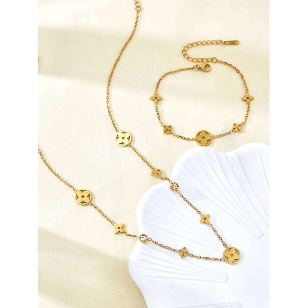 Old Money Style Temperament Personality Charm Stainless Steel 18K Gold-Plated Diamond Cr Jewelry Set Female H260312