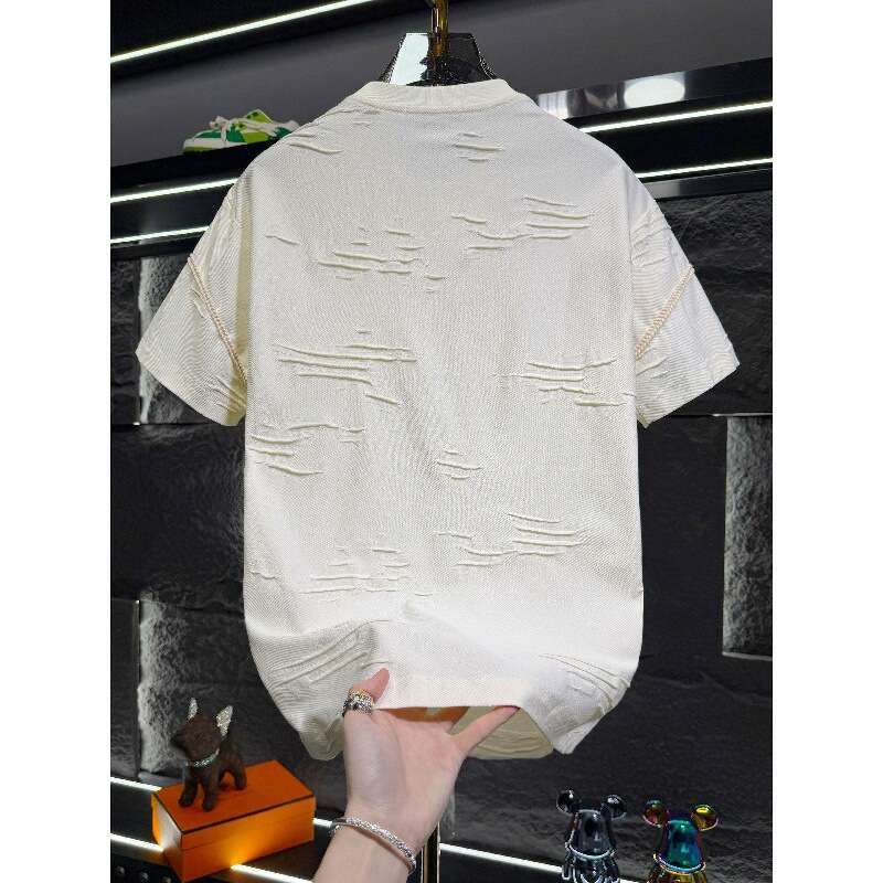 European-Style Men's High-End American Embroidered Ripped Short-Sleeve T-Shirt 2026 New Summer Light Luxury Casual Half-Sleeve Top Luanyun