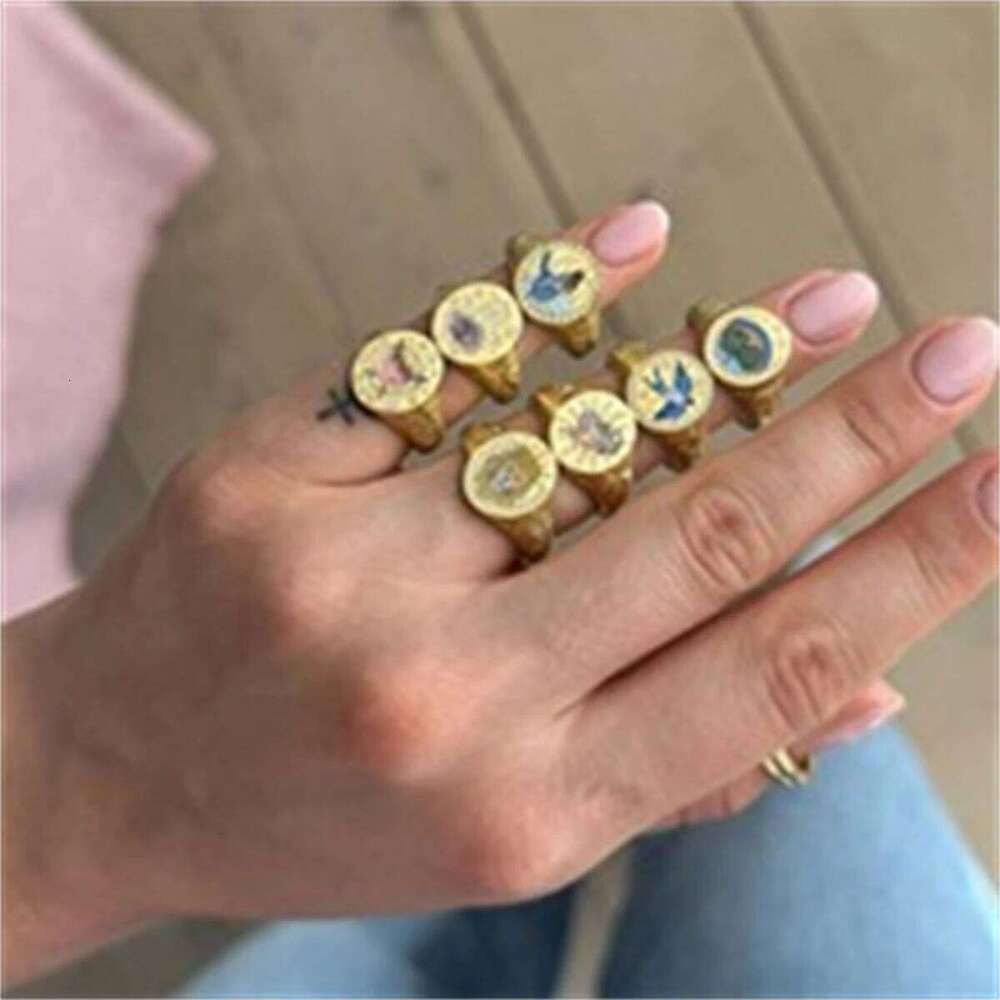 Stainless steel fashionable popular Valentine's Day lion mermaid painted ring with gold plating and color preservation H260312