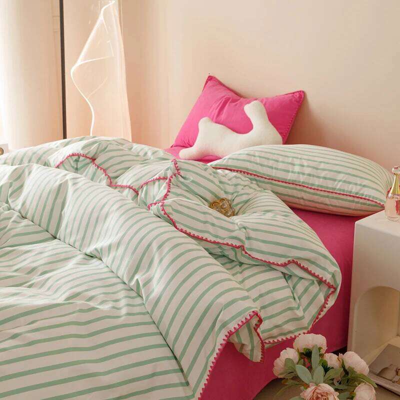 Bedding INS Girls Striped Soft Washed Cotton Sheet Queen King Size Duvet Comforter Set Pillowcase Bed Linens H260312 - view 3