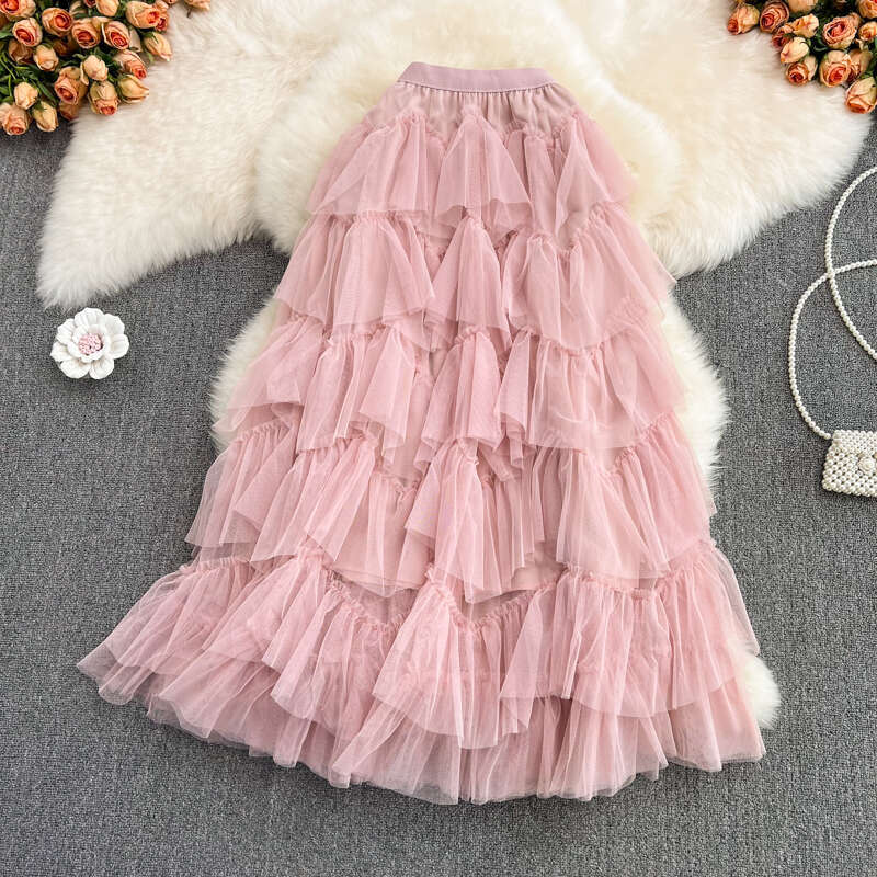 A12 2026 Fashion Mesh Fluffy Cake Medium Long Elegant Elastic Waist Asymmetric Gaul Skirt Fairy Style