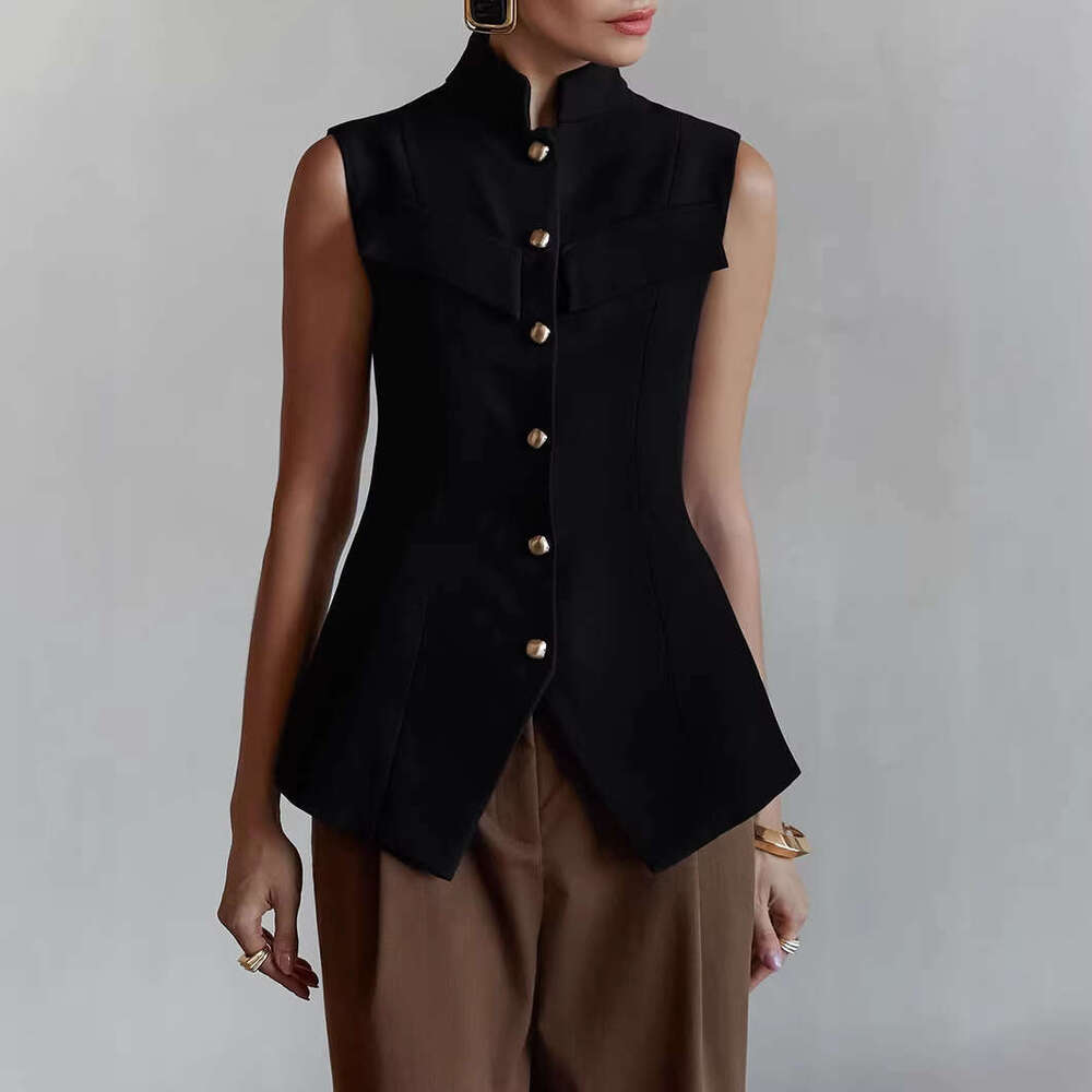 Spring Summer European And American Women S Fashion Design Small Stand Up Collar Buttoned Sleeveless Waist Cinching Hem Slit Elegant Top Vest MAKOUFEI