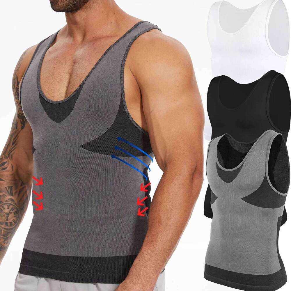 New Men's Shapewear Slimming Body Shaper Horizontal Stripe Compression Band Tummy Control T-Shirt Cross Elastic Workout Top 26Y0313