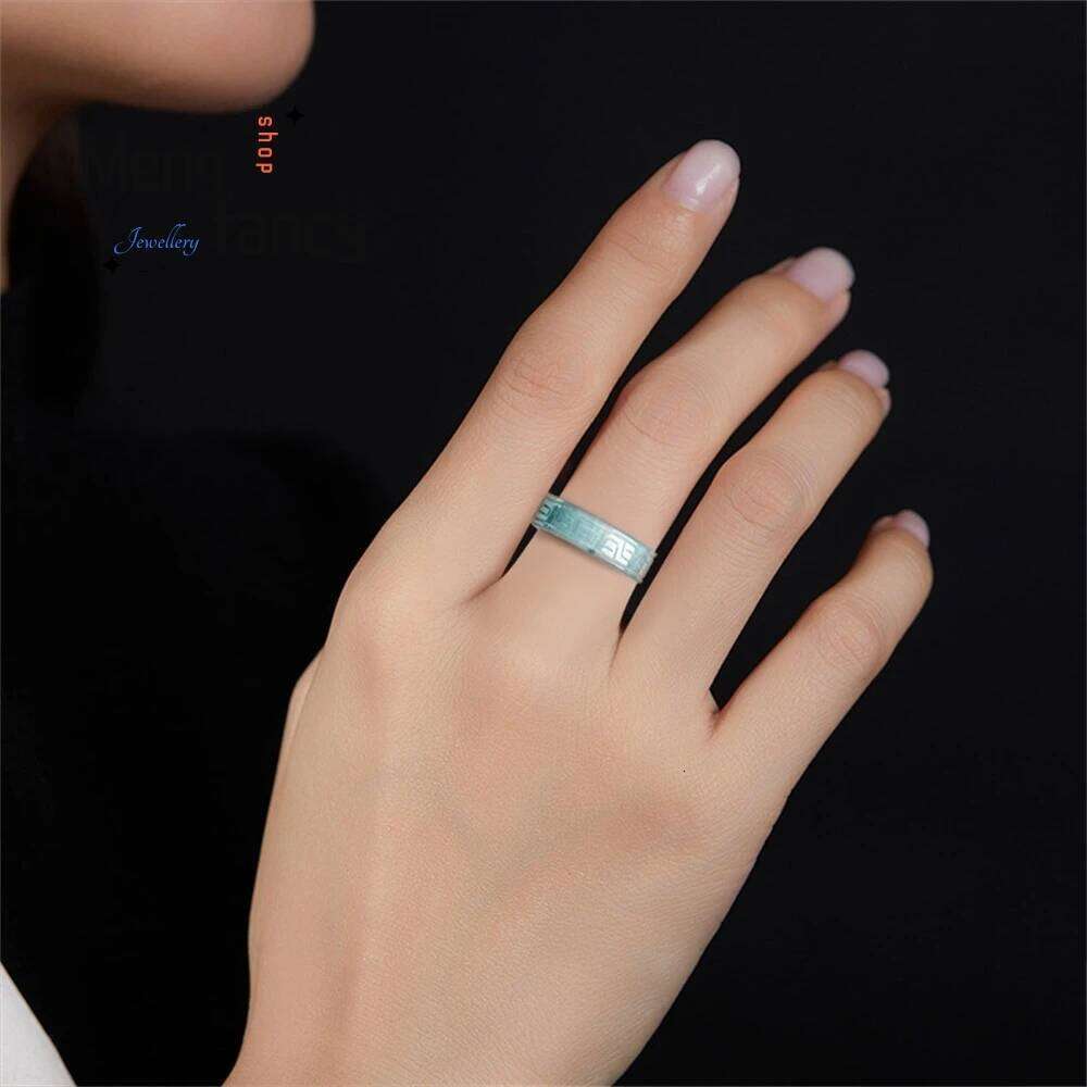 Original Natural A-Grade Jadeite Blue Water Antique Pattern Square Ring, Ice-Type For Men And Women, Personalized Jade Ring H260312