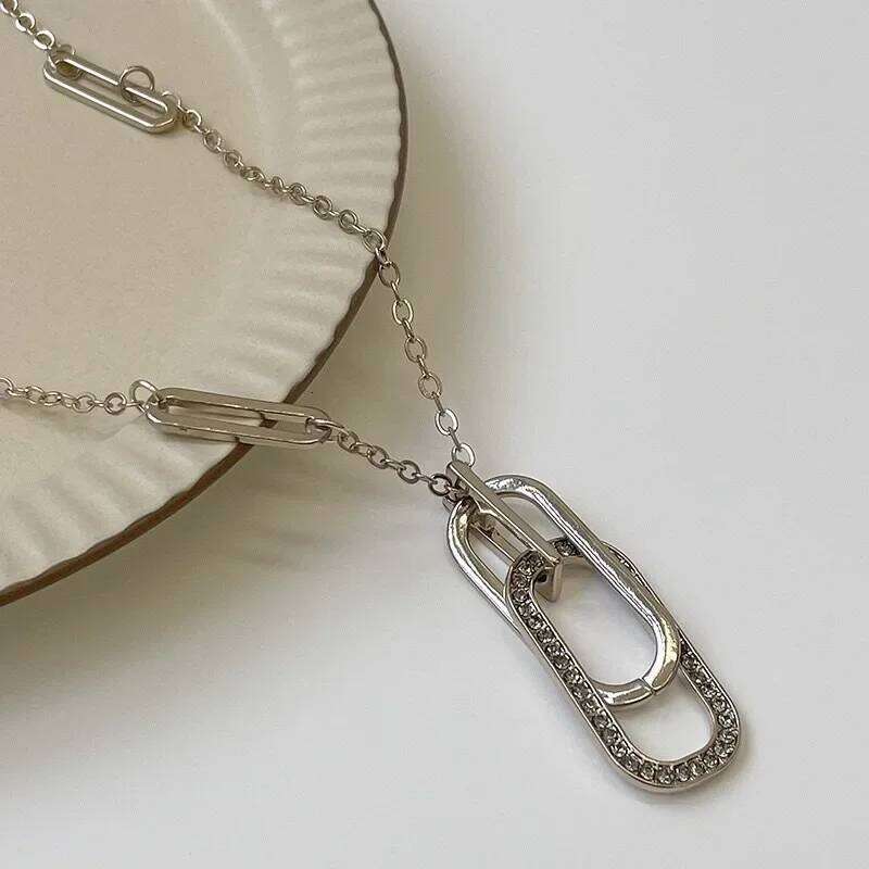 Minimalist Geometric Crystal Oval Square Pendant Necklace for Women Stainless Steel Long Sweater Chains Jewelry Statement Gift H260312