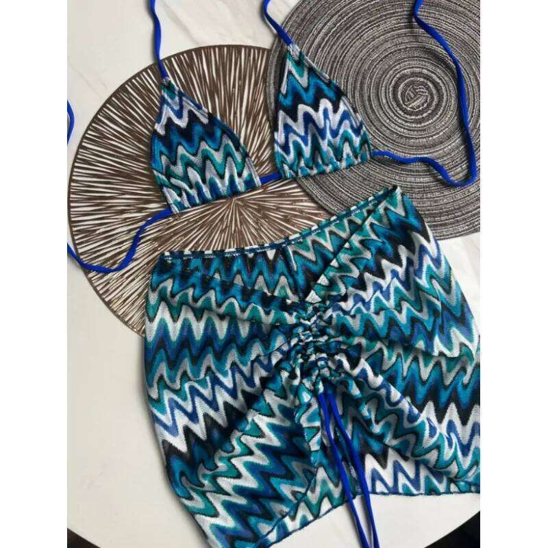 Summer New Women's Swimsuit 3 Piece Knitted Bikini Set with Wrap Coverup Halter Swimsuits for Beach Vacations Y260303