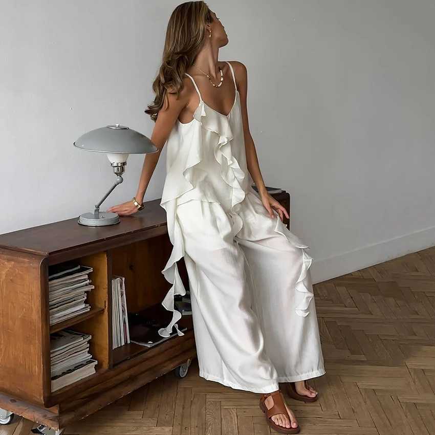 Linad Casual Apricot SpaghettiStrap Camisole Suits 2026 Fashion Elastic Waist Trousers With Ruffles Vest Two Piece Sets Women M260313