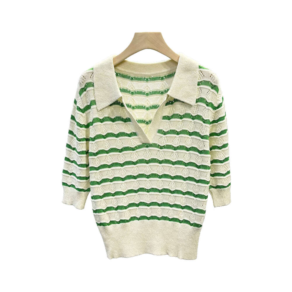 2026 French women's spring new style fresh and elegant lapel hollow striped short sleeved knitted pullover