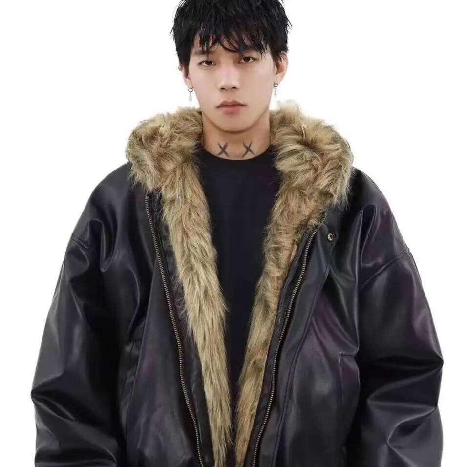 Men's Winter Warm Faux Parkas Fashion Fur Overcoat Cotton Padded Thick Thermal Stylish Leather Reversible Jacket Outerwear Z260313