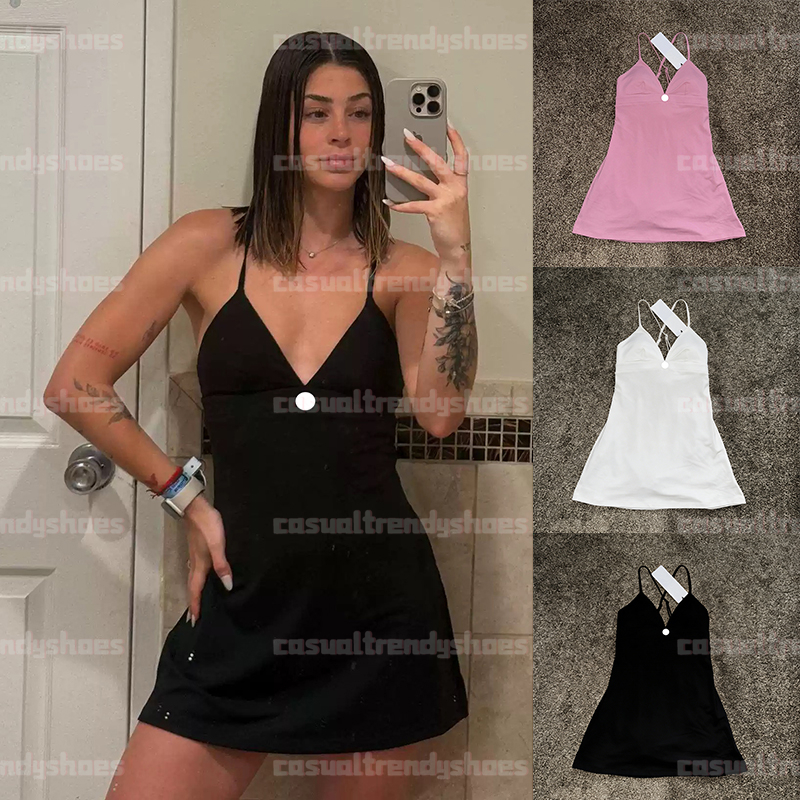 Yoga Dress V Neck Sleeveless Sports Dress Naked Feeling Pocket Anti Exposure Quick Dry Breathable Fitness Tennis Skirt Summer Dress Badminton Golf Fitness Skirt