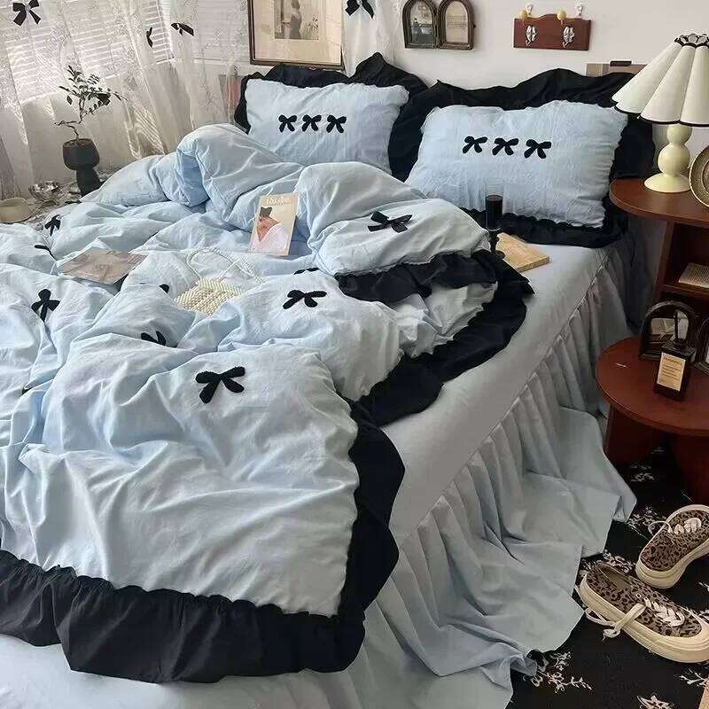 Y Home Ins Girl Bow Lace Washed Cotton Four-Piece Set Available For four Seasons Bed Skirt Bedding 4 Dormitory Three-piece set H260312 - view 6