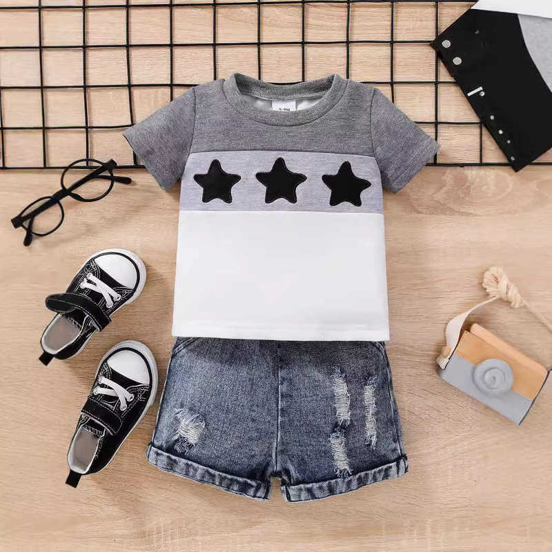 Clothing Sets Summer new style girls' patchwork top with short sleeves washed distressed children's clothing denim pants boys' denim se