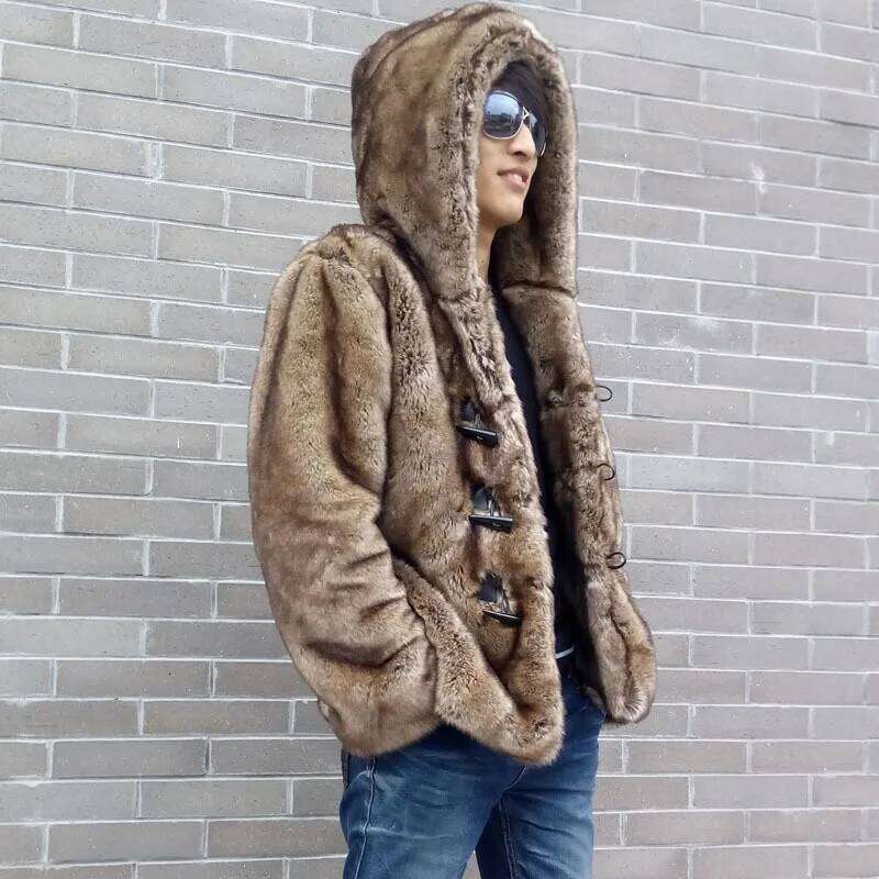 Hooded Men Mink Faux Jackets Cardigan Coat Outerwear Single Breasted Jacket Thick Warm Fur Pockets Casual Winter 2025 Z260313