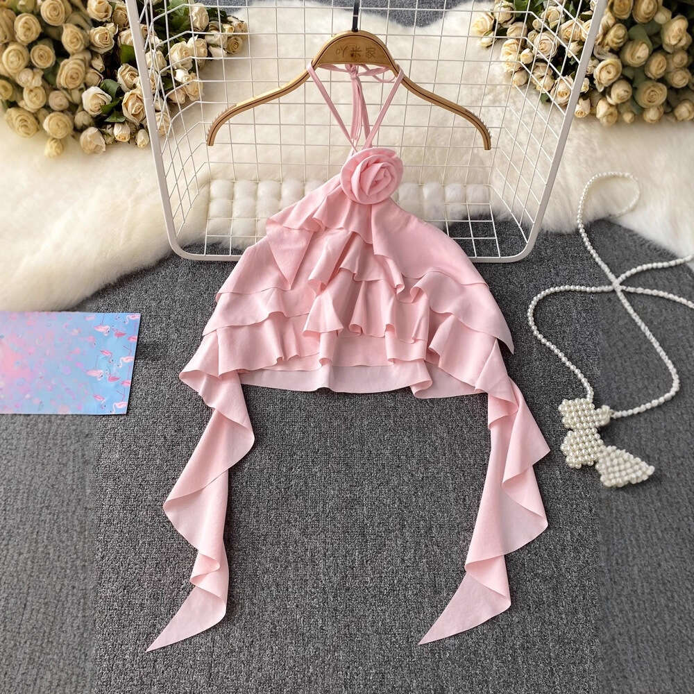 Designer pure desire 3D flower backless collar women's vest summer fashion with ruffled edges super fairy like