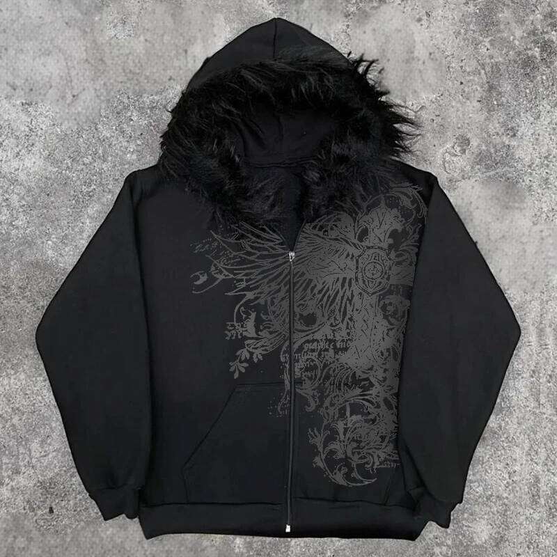 European American style Easter men's and women's plush edge decorative jacket with cross wing pattern printed on it punk Y2K Z260315