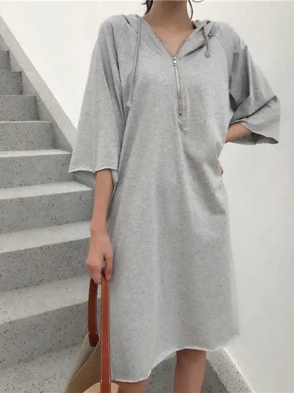 plus Size Womens Dr 300 Pou Summer New Korean Loose Slimming Five-Quarter Sve Hooded Mid-Length Skirt PolyesterT260314