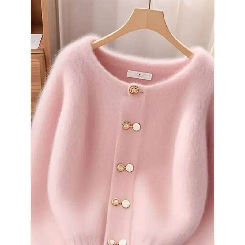 New Autumn Winter Cardigan Women Fashion Casual Pink Round Neck Loose Thick Warm Knitwear Ladies Sweater Female Top Z260314