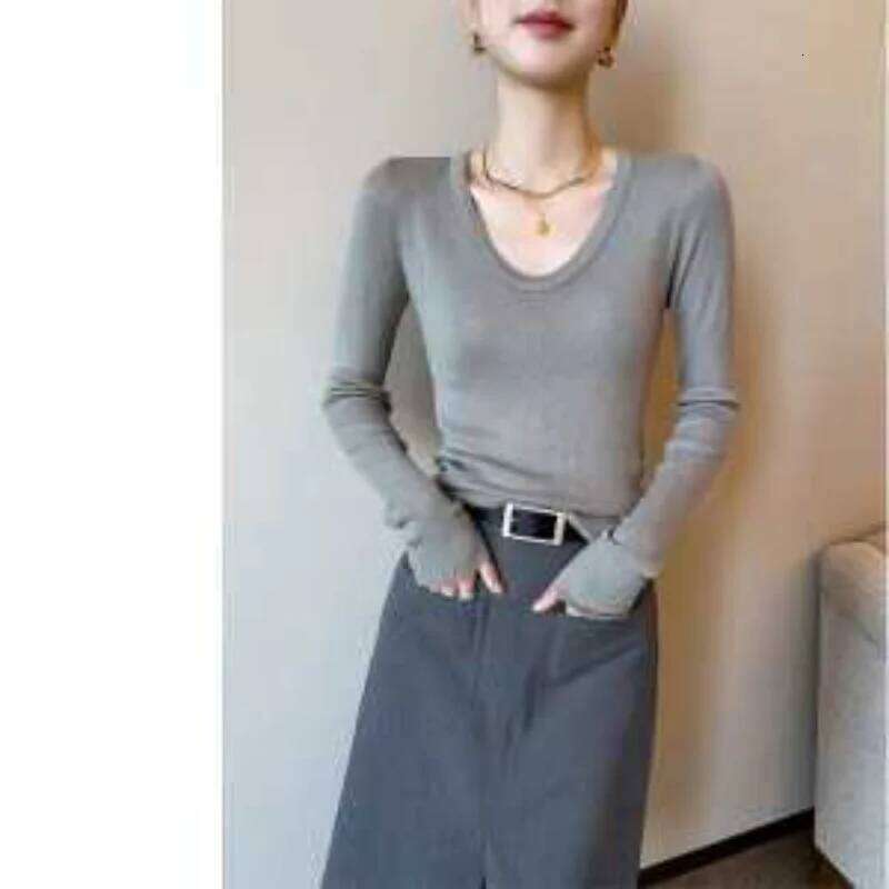 2025 New Gray U-neck Women's Autumn Slim Fit Bottoming Shirt Tight Sweater Z260313