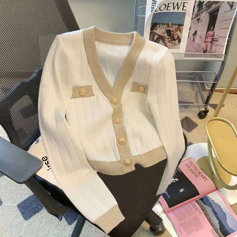 2024 Autumn Winter New Trend Buttons V-neck Long Sleeve Knitting Sweater Women Clothing Fashion Patchwork Cardigan Coat Top Tee Z260313