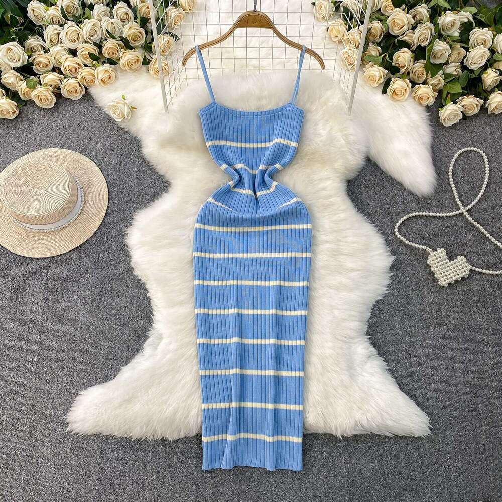 2026 European and American A14 sexy backless camisole dress summer new elastic striped knitted slim fit