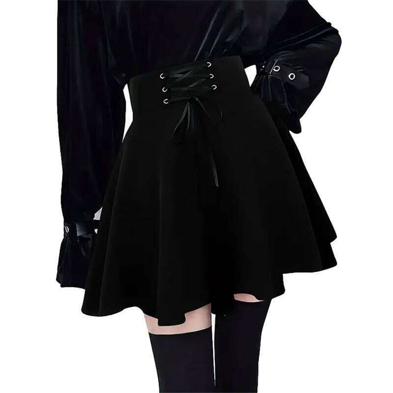 Streetwear Mall Goth Women Harajuku Y2k E-girl High Waist Bandage Black Mini Skirt Dark Gothic Punk Emo Alt Club Wear Z260314