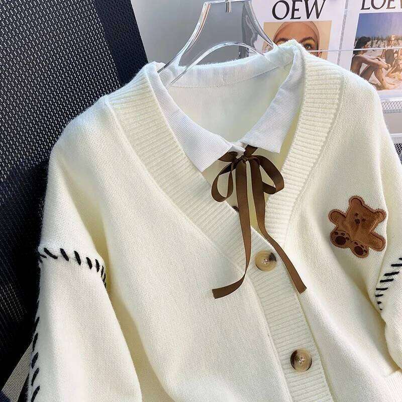 College Cute Cartoon Embroidery Cardigans Women Korean Stringing Fashion Sweater Jacket Japanese Style Kawaii Knitted Tops Z260313