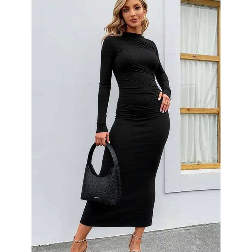 New Spring Autumn Bodycon for Women Slim Chic Long Sleeve O Neck Women's Dresses Elegant Black Party Dress Robe Z260313