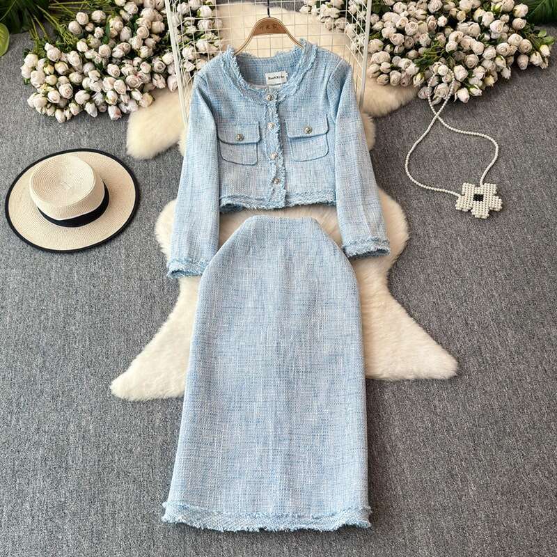 A14 Ladies' Fashion Set Autumn/Winter Elegant Style Floral Coat Two Piece Set High Waist Tight Skirt 2026