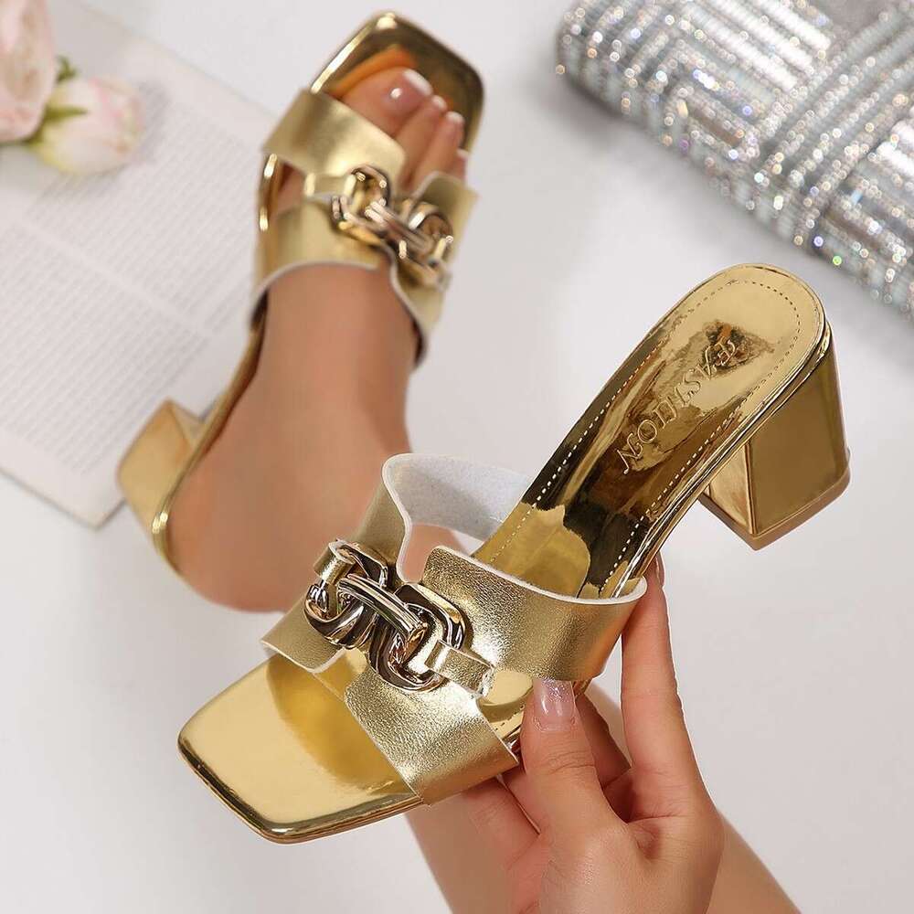 French Style Mid-heel Slippers Open Square Toe Sandals for Women 2026 New Summer Model with Metal Chunky Heel Slippers for Women