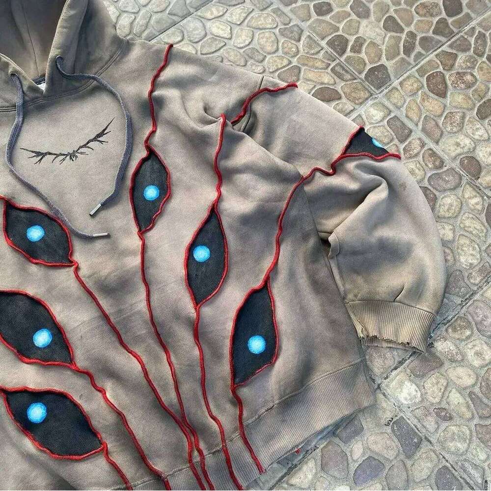 Gothic Punk Eye Pattern Patchwork Hoodies Y2k Top New Retro Loose Long Sleeve Sweatshirt Men and Women Hoodie Streetwear 26Y0313