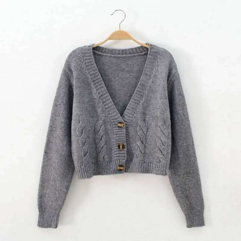 V Neck Cropped Women Long Sleeve Twist Knitted Sweater Coats Autumn Winter Keep Warm Korean Fashion Jacket Cardigan Z260313