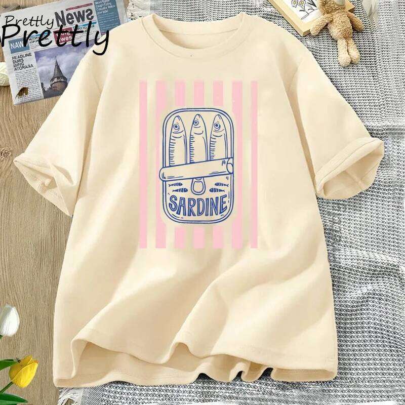 Sardines Tinned Fish T Shirt Women Summer Retro Seafood Graphic Tee Casual Cotton Short Sleeve Round Neck Tshirt Woman Clothes Z260314
