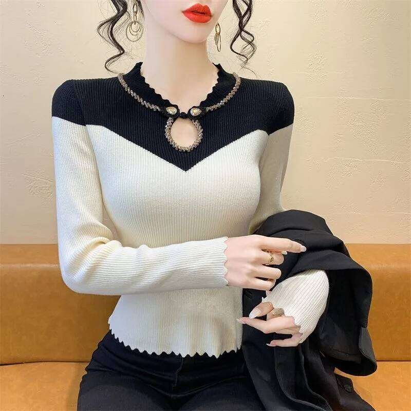 2025 New Color-blocked Knitted Slim Fit Sweater Bottoming Long-sleeved Autumn and Winter Top Z260313