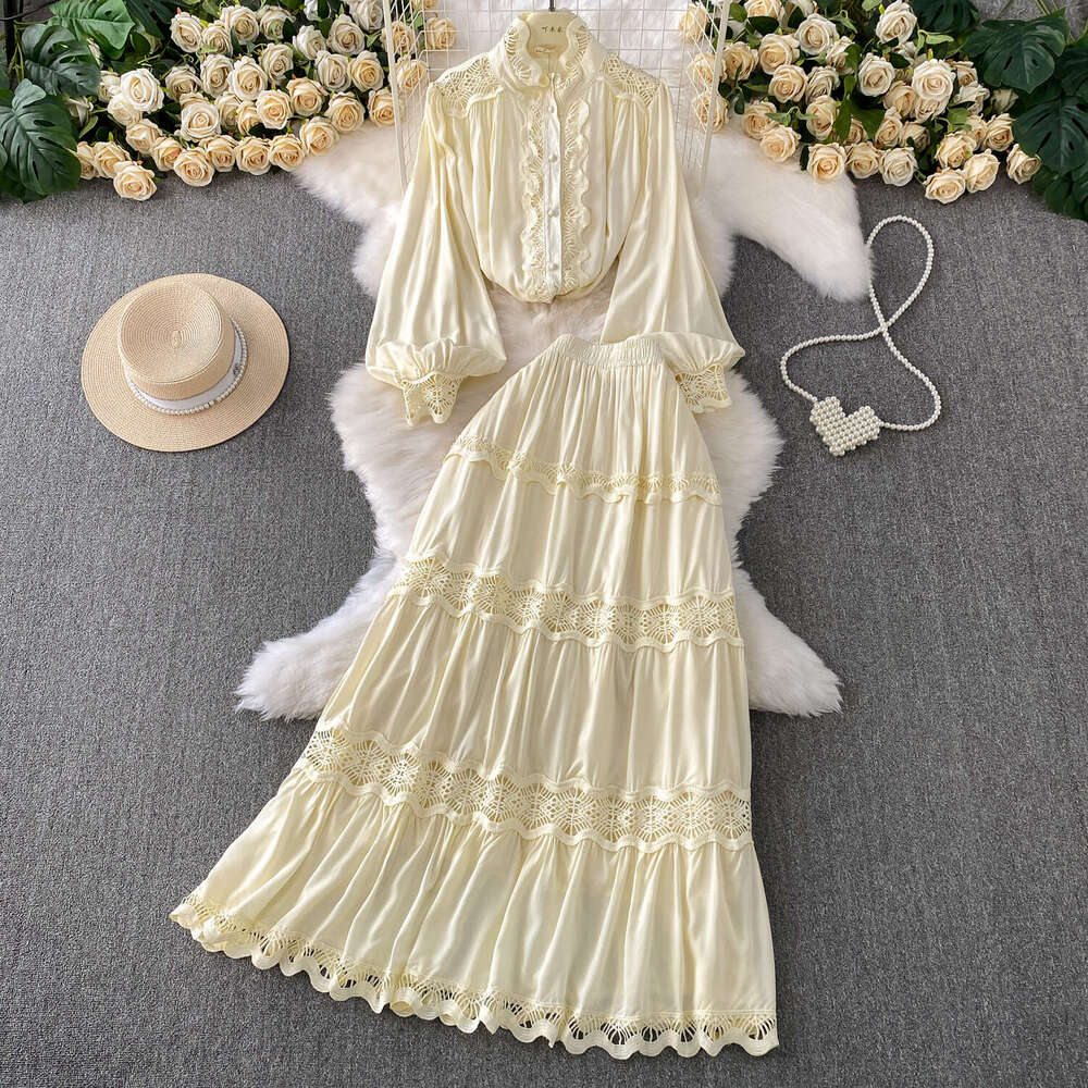 2026 soft style a20 blue thick lace patchwork stand up collar lantern sleeve shirt two-piece set high waist slimming cake skirt
