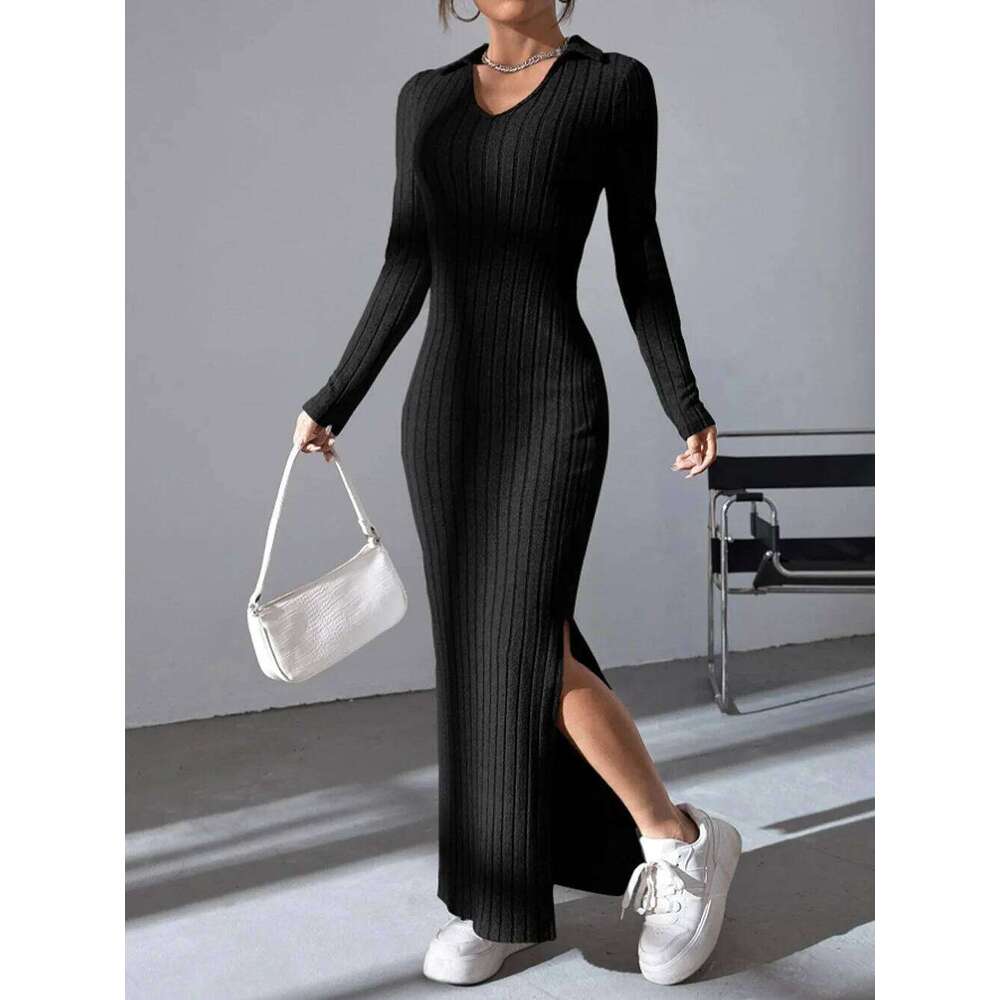 Spring and summer 2024 new style knitted slim lapel long sleeve dress pit strip solid color tight skirt Z260313